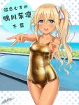  1girl blonde_hair blue_eyes bow breasts covered_navel double_v flick_(sal23) gold_one-piece_swimsuit hair_bow highres long_hair one-piece_swimsuit open_mouth original outdoors outstretched_arms ribbon school_swimsuit shiny_swimsuit side_ponytail smile solo swimsuit thighs v 
