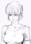  1girl akira blush breasts collarbone eyelashes hair_between_eyes kei_(akira) large_breasts murata_yuusuke open_mouth shirt short_hair short_sleeves sketch solo t-shirt upper_body 