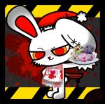  2018 adrielle-akuryo anthro apron blood bloody_bunny bloody_bunny_(series) bodily_fluids clothing female food grey_background holding_object knife lagomorph leporid looking_at_viewer mammal muffin rabbit red_eyes simple_background smile smirk solo white_body 