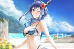  1girl ;d anniversary arknights artist_name bangs bare_arms bare_shoulders beach blue_hair blush breasts ch&#039;en_(arknights) ch&#039;en_the_holungday_(arknights) cleavage commentary_request dragon_girl dragon_horns dragon_tail elite_ii_(arknights) flower grin hair_flower hair_ornament hibiscus horns large_breasts long_hair looking_at_viewer low_twintails navel ocean official_alternate_hairstyle one_eye_closed parted_lips petals red_eyes red_flower skindentation smile solo sparkle stomach tail teeth twintails twitter_username underboob upper_body wading water yokaze_(yokajie) 