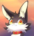  anthro domestic_cat ears_up felid feline felis fur grey_body grey_fur happy hi_res jewelry long_ears male mammal necklace orange_eyes pink_nose red_jewelry red_necklace simple_background solo teeth text white_body white_fur yakukage yellow_eyes 