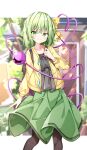  1girl adapted_costume black_shirt blurry blurry_background closed_mouth commentary_request green_eyes green_hair green_skirt hat hat_ribbon heart heart_of_string highres jacket komeiji_koishi long_sleeves looking_at_viewer ribbon sabana shirt short_hair skirt smile solo third_eye touhou yellow_jacket yellow_ribbon 