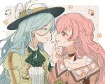  2girls ascot bird blue_flower blue_hair blue_rose blush boater_hat border brown_background brown_gloves cat commentary dress earrings feathers finger_to_another&#039;s_mouth flower gloves green_ascot hair_bun hat hat_feather hat_flower heart hinomori_shizuku jacket jewelry light_blue_hair long_hair long_sleeves momoi_airi multiple_girls navel open_mouth parted_lips pink_dress pink_hair project_sekai puffy_sleeves rose seri_(vyrlw) shirt sidelocks simple_background sweat swept_bangs symbol-only_commentary upper_body wavy_hair white_background white_feathers white_shirt yellow_flower yellow_jacket yellow_rose yuri 