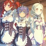  3girls alternate_costume blue_eyes blue_hair braid breasts cleavage cleavage_cutout closed_mouth clothing_cutout cosplay crown_braid detached_sleeves dress elf emilia_(re:zero) emilia_(re:zero)_(cosplay) eris_greyrat flower frilled_sleeves frills hair_ornament hair_ribbon hand_up highres kiyo_(a_sam_ko) light_frown long_hair maid maid_headdress medium_breasts medium_hair multiple_girls mushoku_tensei pink_ribbon pointy_ears purple_ribbon ram_(re:zero) ram_(re:zero)_(cosplay) re:zero_kara_hajimeru_isekai_seikatsu red_eyes red_hair rem_(re:zero) rem_(re:zero)_(cosplay) ribbon roswaal_mansion_maid_uniform roxy_migurdia short_hair shoulder_cutout small_breasts smile sylphiette_(mushoku_tensei) white_dress white_flower 