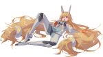  1girl absurdres blonde_hair blue_eyes bodysuit crossed_bangs full_body g41_(girls&#039;_frontline) g41_(universal_express)_(girls&#039;_frontline) girls&#039;_frontline heterochromia highres knee_up long_hair lying mecha_musume mechanical_ears mechanical_legs official_alternate_costume on_back open_mouth red_eyes ren_huozhe solo spacesuit very_long_hair white_bodysuit 