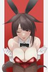  1girl ;) absurdres akagi_(azur_lane) akizuki_(17769498) alternate_costume animal_ears azur_lane bare_shoulders breasts breasts_squeezed_together brown_hair cleavage cleavage_cutout clothing_cutout commentary_request detached_collar drooling ears_down eyeshadow fishnet_pantyhose fishnets fox_ears fox_girl fox_tail gloves hair_ornament hair_over_one_eye hairclip hands_up highres kemonomimi_mode kitsune large_breasts leaning_forward leotard long_hair makeup one_eye_closed pantyhose presenting rabbit_ears red_eyes red_eyeshadow red_leotard slit_pupils smile solo strapless strapless_leotard tail teasing very_long_hair white_gloves wrist_cuffs 