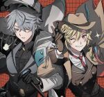  2boys alhaitham_(genshin_impact) alternate_costume black_gloves black_shirt blonde_hair bonta_(onc9x) brown_gloves brown_hair brown_jacket cane collared_shirt commentary_request cowboy_shot deerstalker formal genshin_impact gloves green_eyes grey_hair grey_headwear grey_jacket hair_over_one_eye hat hat_feather holding holding_cane holding_weapon jacket kaveh_(genshin_impact) locked_arms looking_at_viewer multiple_boys necktie one_eye_closed patterned_background red_background red_eyes red_necktie shirt signature smile suit swept_bangs visible_air weapon white_shirt 