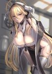  1girl absurdres azur_lane bare_shoulders bent_over between_breasts black_gloves blonde_hair blurry blurry_background breast_cutout breasts cleavage covered_navel fake_horns gloves habit hair_between_eyes half_gloves highres horns huge_breasts implacable_(azur_lane) indoors long_bangs long_hair looking_at_viewer namazake nun pelvic_curtain red_eyes revealing_clothes solo thighhighs two-tone_dress veil very_long_hair white_horns white_thighhighs 