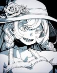  1girl bangs braid breasts choker collarbone flower greyscale hair_between_eyes hat hat_flower large_breasts long_hair monochrome open_mouth original oso_(toolate) portrait sharp_teeth side_braids simple_background solo sun_hat teeth 