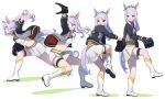  1girl alternate_costume animal_ears ball baseball baseball_mitt boots clenched_teeth commentary_request concentrating ear_ribbon from_side frown full_body highres horse_ears horse_girl horse_tail jacket leg_up long_hair mejiro_mcqueen_(umamusume) midriff miniskirt motion_blur multiple_views nishiki_kazue open_clothes open_jacket parted_lips pitching ponytail purple_hair sidelocks skirt sportswear standing standing_on_one_leg swept_bangs tail teeth thigh_strap throwing umamusume white_background white_footwear white_skirt wide-eyed 