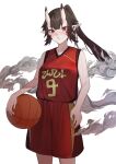  1girl absurdres ball bare_shoulders basketball basketball_jersey basketball_uniform breasts brown_hair high_ponytail highres hiiragi_mikoto holding holding_ball horns large_breasts long_hair looking_at_viewer oni_horns open_mouth original pointy_ears red_eyes sportswear 