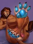  2023 anthro balls blue_eyes blue_pawpads claws dimonis felid fur genitals hair hi_res lion male mammal nude pantherine pawpads paws penis simple_background smile smiling_at_viewer solo tail teeth 