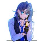  1girl blue_eyes blue_hair choker cigarette earrings fire gloves hair_behind_ear hair_intakes highres holding holding_lighter hololive hololive_english jewelry lighter long_sleeves looking_at_viewer necktie ouro_kronii simple_background smoking solo upper_body watch white_background yuutomeh 