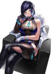  1girl absurdres asymmetrical_gloves bangs bare_shoulders black_gloves blue_hair breasts clothing_cutout crossed_legs diagonal_bangs elbow_gloves feet_out_of_frame genshin_impact gloves green_eyes highres large_breasts looking_at_viewer mismatched_gloves mole mole_on_breast parted_lips simple_background sitting smile solo thigh_cutout thighs vision_(genshin_impact) white_background white_gloves yamanokami_eaka yelan_(genshin_impact) 