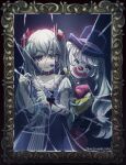  2girls baggy_pants black_headwear blue_dress bow bowtie broken_glass broken_mirror choker clenched_teeth clown clown_mask clown_nose collarbone crying crying_with_eyes_open dress dual_persona empty_eyes fingersmile forced_smile frilled_sleeves frills glass hair_ribbon half-closed_eyes hat hatsune_miku highres karakuri_pierrot_(vocaloid) light_blush long_hair marininho mask mirror multicolored_hair multiple_girls muted_color pale_skin pants picture_frame polka_dot_sleeves red_bow red_bowtie red_choker red_pants red_ribbon ribbon short_sleeves spring_onion streaked_hair streaming_tears striped striped_bow striped_bowtie striped_pants tears teeth top_hat twintails twitter_username vertical-striped_pants vertical_stripes vocaloid wavy_hair yellow_sleeves 