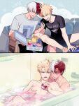  2boys ?_block artist_name bag bakugou_katsuki bath bath_bomb bathtub black_shirt black_shorts blonde_hair blue_background blue_eyes boku_no_hero_academia box bubble bubble_bath burn_scar cactusnabe collarbone commentary_request couch faucet grabbing grey_eyes grey_shirt hair_between_eyes hand_up heterochromia highres holding holding_box male_focus mario_(series) multicolored_hair multiple_boys notice_lines on_couch open_mouth paper_bag partially_submerged pectoral_grab pillow polka_dot polka_dot_background red_eyes red_hair round_teeth scar scar_on_face shirt short_hair short_sleeves shorts simple_background sitting smile spiked_hair split-color_hair steam t-shirt teeth todoroki_shouto twitter_username two-tone_hair water wet wet_hair white_background white_hair yaoi 