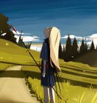  1girl absurdres ahoge arms_at_sides beads black_cape blonde_hair blue_dress blue_sky bug butterfly cape clip_studio_paint_(medium) cloud commentary_request day dress expressionless feet_out_of_frame from_side gold_trim grass harumaki_gohan head_back highres holding holding_staff long_hair looking_up original outdoors path pine_tree profile red_eyes short_dress short_sleeves sidelighting sky solo staff standing tree 