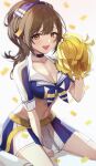  1girl absurdres bangs breasts brown_hair cheerleader choker cleavage commentary_request confetti gawawawa hair_ribbon high_ponytail highres idolmaster idolmaster_shiny_colors kuwayama_chiyuki large_breasts looking_at_viewer midriff navel open_mouth pom_pom_(cheerleading) ribbon short_sleeves sitting solo wariza yellow_eyes 