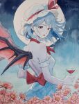  adapted_costume alcohol backless_dress backless_outfit bat_wings blue_dress blue_hair cup dress drinking_glass elzapatoverde flower full_moon hat highres looking_to_the_side mob_cap moon painting_(medium) parted_lips red_eyes red_ribbon remilia_scarlet ribbon touhou traditional_media watercolor_(medium) white_headwear wine wine_glass wings 
