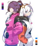  2girls absurdres ahoge alternate_costume blue_eyes closed_mouth english_commentary hair_between_eyes hair_ornament hand_in_pocket heart height_difference highres honkai_(series) honkai_impact_3rd kiana_kaslana kiana_kaslana_(white_comet) long_hair looking_at_viewer multiple_girls purple_eyes raiden_mei simple_background smile sparks_summer standing star_(symbol) star_hair_ornament upper_body white_background white_hair x_hair_ornament 