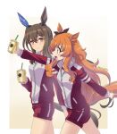  2girls \m/ admire_vega_(umamusume) animal_ears as&#039;maria bow breasts brown_hair closed_mouth commentary_request cup disposable_cup drinking_straw ear_bow holding holding_cup horse_ears horse_girl horse_tail jacket long_hair long_sleeves looking_at_another mayano_top_gun_(umamusume) multiple_girls open_mouth orange_hair outstretched_arm pink_eyes red_jacket red_shorts short_shorts shorts sideways_mouth small_breasts smile tail track_jacket two_side_up umamusume walking yellow_eyes 