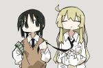  2girls =_= absurdres ahoge animal armband black_eyes black_hair black_necktie blonde_hair brown_sweater_vest cat chito_(shoujo_shuumatsu_ryokou) closed_eyes closed_mouth collared_shirt commentary_request dot_mouth dress_shirt expressionless facing_viewer green_armband grey_background hand_on_own_hip hand_up hands_up highres holding holding_animal holding_cat long_hair long_sleeves looking_at_another low_twintails multiple_girls necktie necktie_grab neckwear_grab nuko_(shoujo_shuumatsu_ryokou) shirt shoujo_shuumatsu_ryokou sideways_glance simple_background smile sweater_vest tareme tokiwa_(914) twintails upper_body white_cat white_shirt yuuri_(shoujo_shuumatsu_ryokou) 
