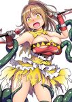  1girl absurdres bare_shoulders blush breasts brown_hair capelet dual_wielding gauntlets highres holding holding_weapon kuromayu long_hair open_mouth original ponytail simple_background tears tentacles tentacles_under_clothes torn_clothes weapon white_background yellow_capelet yellow_eyes 