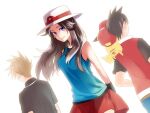  1girl 2boys blue_oak brown_hair closed_mouth clothed_pokemon commentary_request green_(pokemon) hair_flaps hat jacket long_hair looking_at_viewer marutoko45 multiple_boys on_shoulder pants pikachu pokemon pokemon_(creature) pokemon_adventures pokemon_on_shoulder red_(pokemon) red_headwear red_skirt shirt short_hair short_sleeves skirt sleeveless sleeveless_shirt smile spiked_hair white_background white_headwear 