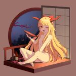  1girl absurdres architecture blonde_hair blunt_bangs bottle bow branch brown_background brown_horns chinese_commentary commentary_request completely_nude crossed_legs cup east_asian_architecture falling_petals full_body hair_bow hair_over_breasts highres holding holding_cup horns ibuki_suika indian_style isometric long_hair looking_at_viewer medium_bangs nude one_eye_closed open_mouth orange_eyes petals railing red_bow round_window rrsuika sakazuki sake_bottle shouji sidelocks sitting sliding_doors smile solo teeth touhou upper_teeth_only very_long_hair window 