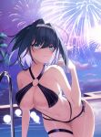  1girl absurdres bikini black_bikini blue_eyes blue_hair breasts cleavage closed_mouth fireworks hair_intakes hairband hand_up highres hololive hololive_english jiang_ye_kiri large_breasts leaning_forward looking_at_viewer navel o-ring o-ring_bikini ouro_kronii pool pool_ladder sky solo stomach swimsuit thigh_gap thigh_strap virtual_youtuber wet white_hairband 