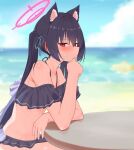  1girl animal_ear_fluff animal_ears beach bikini black_bikini black_hair blue_archive blue_sky blurry blurry_background blush closed_mouth cloud day frilled_bikini frills hair_between_eyes hair_ribbon halo highres long_hair looking_at_viewer ocean outdoors pcaccount13 red_eyes ribbon serika_(blue_archive) serika_(swimsuit)_(blue_archive) sitting sky solo sweat swimsuit twintails very_long_hair water 