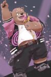  2023 absurd_res anthro bear black_nose bottomwear brown_body clothing cute_fangs en_1_9 hi_res humanoid_hands kemono male mammal microphone one_eye_closed overweight overweight_male pants shirt solo topwear 