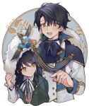  2boys aged_up black_hair brothers cape closed_mouth collared_shirt earrings formal fur-trimmed_cape fur_trim green_jacket highres hoe_satsuki jacket jewelry long_sleeves looking_at_another mahoutsukai_no_yakusoku male_focus multiple_boys open_mouth shirt siblings smile snow_(mahoutsukai_no_yakusoku) twins white_(mahoutsukai_no_yakusoku) white_background white_jacket white_shirt 