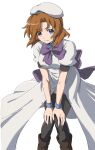 1girl back_bow black_thighhighs blue_eyes bow bowtie brown_footwear closed_mouth dress feet_out_of_frame hands_on_own_knees highres higurashi_no_naku_koro_ni leaning_forward light_smile looking_at_viewer marutei2 medium_hair orange_hair puffy_short_sleeves puffy_sleeves purple_bow purple_bowtie ryuuguu_rena short_sleeves simple_background sketch smile solo thighhighs white_background white_dress white_headwear 