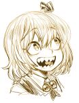  1girl ascot bright_pupils commentary_request hair_ribbon monochrome open_mouth portrait ribbon rumia sharp_teeth short_hair simple_background sketch solo spacezin teeth touhou 