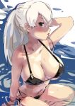  1girl bikini black_bikini breasts brown_eyes cleavage conte_di_cavour_(kancolle) highres igarashi_mangou kantai_collection large_breasts long_hair looking_at_viewer official_alternate_costume profile side-tie_bikini_bottom solo swimsuit two_side_up white_hair 