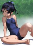  1girl arm_support bare_arms bare_legs bare_shoulders barefoot black_hair blue_one-piece_swimsuit blue_ribbon breasts brown_eyes commentary_request feet foot_out_of_frame furrowed_brow hair_ribbon highres knee_up looking_at_viewer one-piece_swimsuit original paid_reward_available parted_lips ponytail ribbon rohitsuka school_swimsuit shadow short_hair sitting small_breasts solo spread_legs sweatdrop swimsuit tareme 