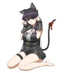  1girl animal_ears barefoot bell belt black_belt black_dress black_eyes black_hair black_sleeves breasts cat_ears cat_tail cleavage cleavage_cutout clothing_cutout detached_sleeves dress fake_animal_ears fake_tail feet full_body highres komi-san_wa_komyushou_desu komi_shouko large_breasts long_hair looking_at_viewer mitsugu open_mouth paw_pose short_dress simple_background sitting solo tail tail_bell tail_ornament thigh_strap thighs wariza white_background 