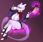  absurd_res anthro beverage big_breasts bottomwear breasts clipboard clothing coffee crossed_legs female floating generation_1_pokemon genitals hi_res legendary_pokemon mew_tuely_(fan_character) mewtwo nintendo nipple_slip nipples pokemon pokemon_(species) pussy scarf selissa skirt suit 