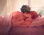  1boy 1girl bed blush bobafiish boku_no_hero_academia boy_on_top brown_hair closed_eyes couple cuddling green_hair hetero highres hug kiss looking_at_another looking_up midoriya_izuku nude on_bed under_covers uraraka_ochako 