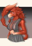  2023 absurd_res anthro big_breasts breasts clothed clothing colored digital_drawing_(artwork) digital_media_(artwork) dragon dress dymkapics female fur furred_dragon hair hi_res nipple_outline nipples red_body simple_background solo tail topwear 