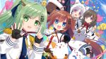  4girls absurdres ahoge aiguillette animal_hood anniversary anshan_(azur_lane) azur_lane balloon bird black_hair blue_eyes blue_necktie brown_hair cat chang_chun_(azur_lane) chick fu_shun_(azur_lane) green_eyes green_hair hair_ornament hairclip hat high_ponytail highres hood long_hair long_sleeves looking_at_viewer manjuu_(azur_lane) meowfficer_(azur_lane) military_uniform multiple_girls necktie open_mouth parted_bangs peaked_cap purple_eyes s_nyaau sleeves_past_fingers sleeves_past_wrists smile swept_bangs tai_yuan_(azur_lane) teeth twintails uniform upper_teeth_only white_hair 