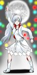  1girl blue_eyes blush boots breasts coat commentary dancing disco_ball dress highres index_finger_raised long_hair looking_at_viewer multicolored_background polka_dot ponytail rwby small_breasts tiara weiss_schnee white_coat white_dress white_footwear white_hair 