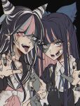  2girls alternate_eye_color artist_name asymmetrical_eyes black_background black_hair black_nails black_sailor_collar blue_bow blue_ribbon bow claw_pose collared_shirt crazy_eyes criis-chan danganronpa_(series) danganronpa_2:_goodbye_despair hair_bow hands_up heterochromia long_hair looking_at_viewer mioda_ibuki multicolored_hair multiple_girls neck_ribbon panty_&amp;_stocking_with_garterbelt piercing pink_eyes pink_hair ribbon sailor_collar shirt skull stitches stocking_(psg) teeth tongue tongue_out tongue_piercing upper_body upper_teeth_only white_hair white_shirt zombie 