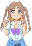  +_+ 1girl alternate_costume alternate_hair_length alternate_hairstyle blue_nails bow bowtie brown_hair clothes_around_waist colored_inner_hair commentary earrings fang fingernails green_eyes grin gyaru hair_intakes jacket jacket_around_waist jewelry kogal long_fingernails looking_at_viewer multicolored_hair nail_polish oka_asahi onii-chan_wa_oshimai! orange_hair pendant purple_bow purple_bowtie shirt simple_background sleeves_rolled_up smile solo straight-on tama_go teeth two-tone_hair two_side_up white_background white_shirt 