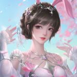  1girl animal_ears bare_shoulders blue_sky braid branch brown_eyes brown_hair cherry_blossoms closed_mouth dan_qing_bu_hua douluo_dalu dress dust falling_petals hair_ornament hairpin hands_up highres petals pink_dress rabbit_ears short_hair sky smile solo xiao_wu_(douluo_dalu) 