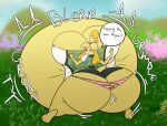  2023 animal_crossing anthro aroused bell_accessory belly belly_expansion belly_inflation big_belly big_breasts big_butt black_nose black_sclera blonde_hair blorp blue_bottomwear blue_clothing blue_skirt blush body_inflation bottomwear breast_expansion breast_squish breasts butt butt_expansion canid canine canis clothing colored digital_media_(artwork) domestic_dog english_text expansion eyelashes female grass green_clothing green_topwear green_vest groan hair hand_on_breast hi_res huge_breasts huge_butt hyper hyper_belly hyper_breasts hyper_butt immobile inflation inflation_fetish isabelle_(animal_crossing) kneeling looking_at_viewer looking_back looking_back_at_viewer mammal nintendo one_eye_closed onomatopoeia panties pattern_bottomwear pattern_clothing pattern_panties pattern_underwear pink_bottomwear pink_clothing pink_panties pink_underwear plant rear_view red_hairband shaded shih_tzu skirt smile smiling_at_viewer solo sound_effects soup-laddle speech_bubble squish swelling tail text tight_clothing topwear torn_clothing toy_dog underwear vest white_eyes wink winking_at_viewer yellow_body yellow_ears yellow_tail 