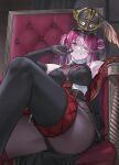  1girl absurdres ascot bare_shoulders belt black_thighhighs breasts chair commission grin hat heterochromia highres hololive houshou_marine houshou_marine_(5th_costume) kojy large_breasts looking_at_viewer multicolored_hair pink_hair pixiv_commission plume red_ascot red_eyes red_hair shako_cap sitting smile solo streaked_hair thighhighs thighs virtual_youtuber white_hair yellow_eyes 