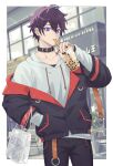  1boy bag black_jacket black_pants blanc1771 blue_eyes bubble_tea collar drinking drinking_straw earrings glass hair_between_eyes highres hood hoodie indie_virtual_youtuber jacket jewelry long_sleeves looking_at_viewer male_focus pants purple_hair short_hair shoto_(vtuber) solo virtual_youtuber white_hoodie 