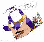  anthro belly big_the_cat bodily_fluids bottomwear clothing domestic_cat dr._eggman english_text facial_hair felid feline felis fur human humor male mammal musclegut mustache pecs purple_body purple_fur sega shorts sonic_the_hedgehog_(series) striped_body striped_fur stripes submission_hold sweat text totesfleisch8 wrestling 